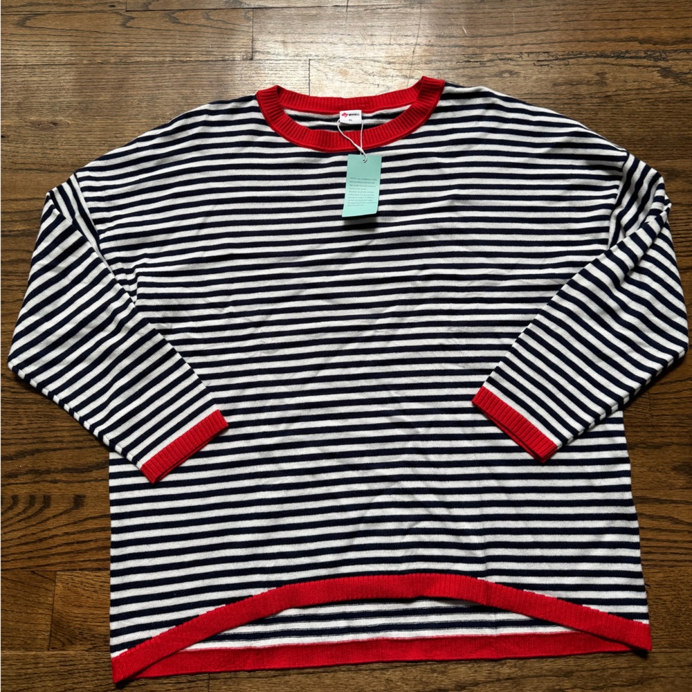 WIHOLL Striped Navy and White Sweater with Red Trim, XL—NWT